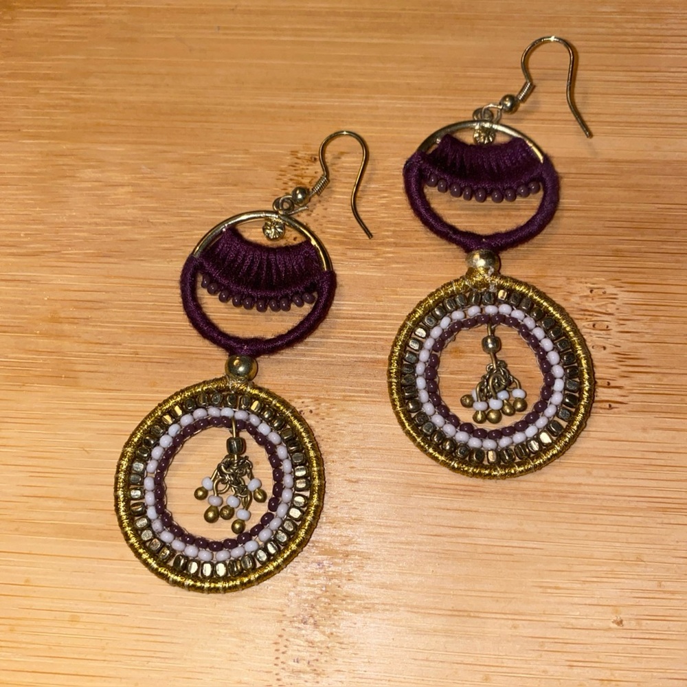EARTHBOUND Purple and Gold Dangle Hoop Earrings